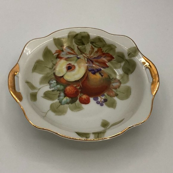 VTG GoldCastle Candy Dish/ Handles Apples Strawberries /Pear Japan Gold Set of 2 - Picture 4 of 10